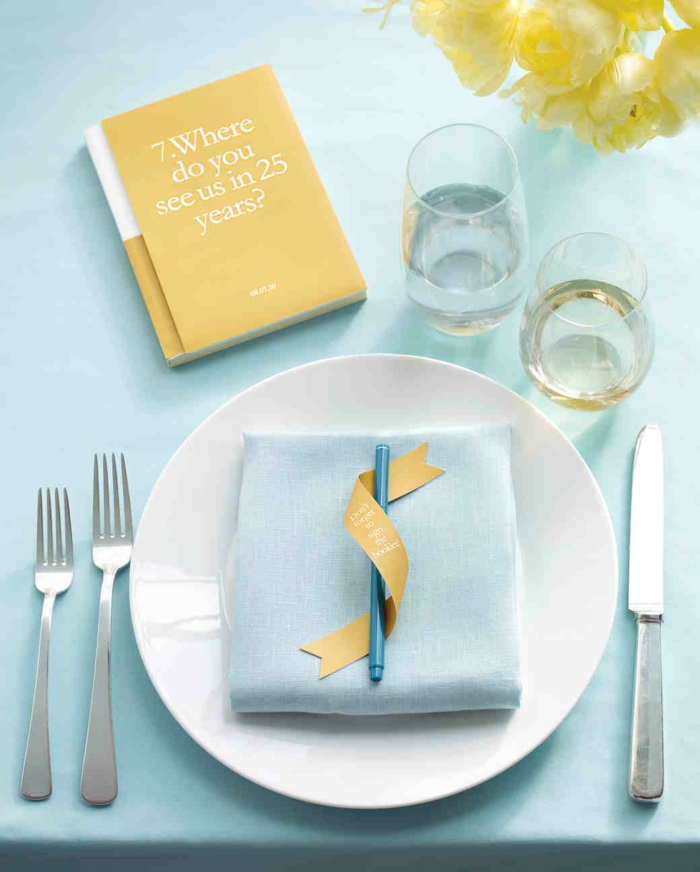 Coole Idee für Hochzeitsgästebuch, Wo siehst du uns in 25 Jahren, Tischdeko in Gelb und Hellblau