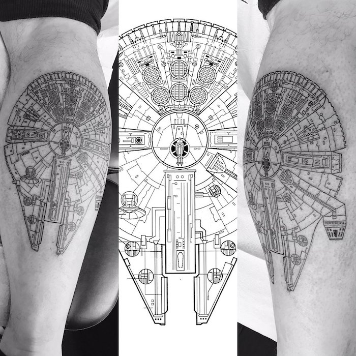 star wars tattoo ideas - hände mit einem großen star wars tattoo mit einem weißen star wars raumschiff millenium falcon 