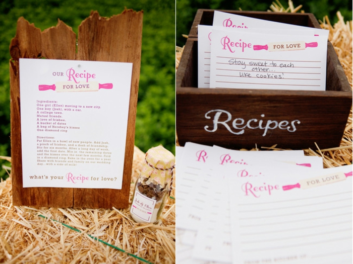 Idee für Hochzeitsgästebuch, Rezept für Liebe von allen Hochzeitsgästen für das Ehepaar, rosafarbene Aufschriften