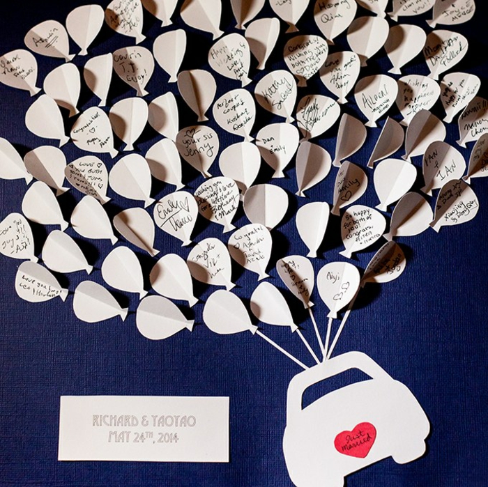 DIY Hochzeitsgästebuch, kleine Motive aus Papier ausschneiden, Auto und Luftballons zum Beschriften
