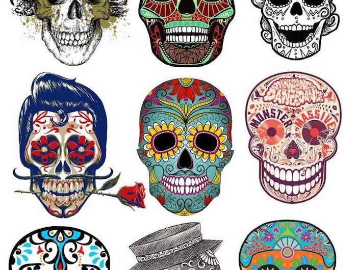ideen und inspiration für mexikanische totenköpfe verschiedene bunte designs mit blumen
