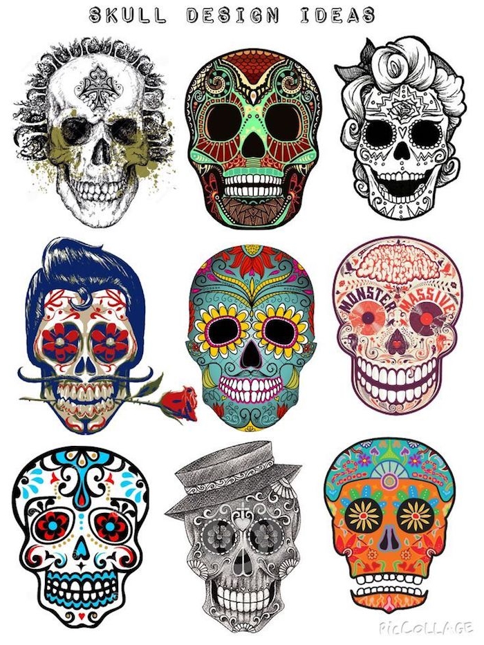 ideen und inspiration für mexikanische totenköpfe verschiedene bunte designs mit blumen