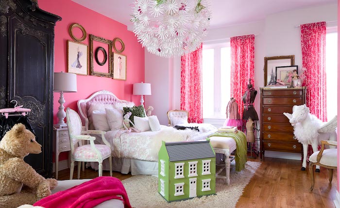 jugendzimmer gestalten rosa schwarz und weiß grünes kleines haus für puppen rosa wände kreatives lampendesign