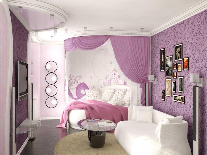 jugendzimmer gestalten lila weiß rosa wandgestaltung sofa fernsehwand glastisch deko im zimmer