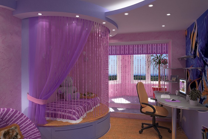 jugendzimmer cool gestalten lila höhestelle, wo das bett liegt vorhänge kreativ ideen schreibtisch mit stuhl dezente beleuchtung