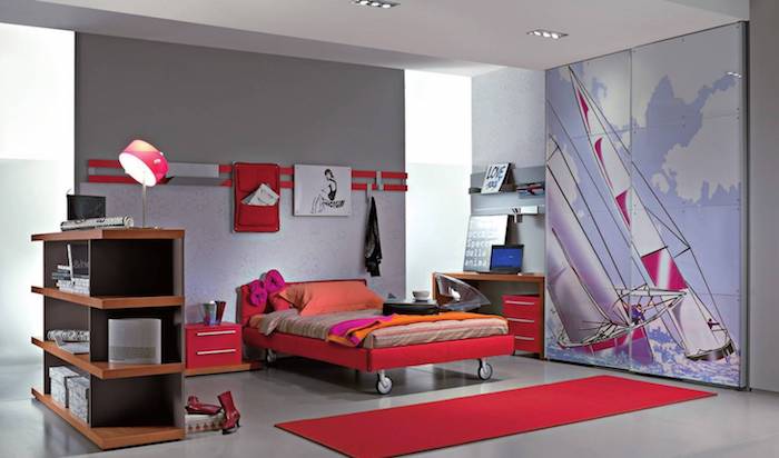 zimmer dekorieren mädchenzimmer in rot und blau balance der farben surfen bild auf dem kleiderschrank bettdesign rot orange regale 