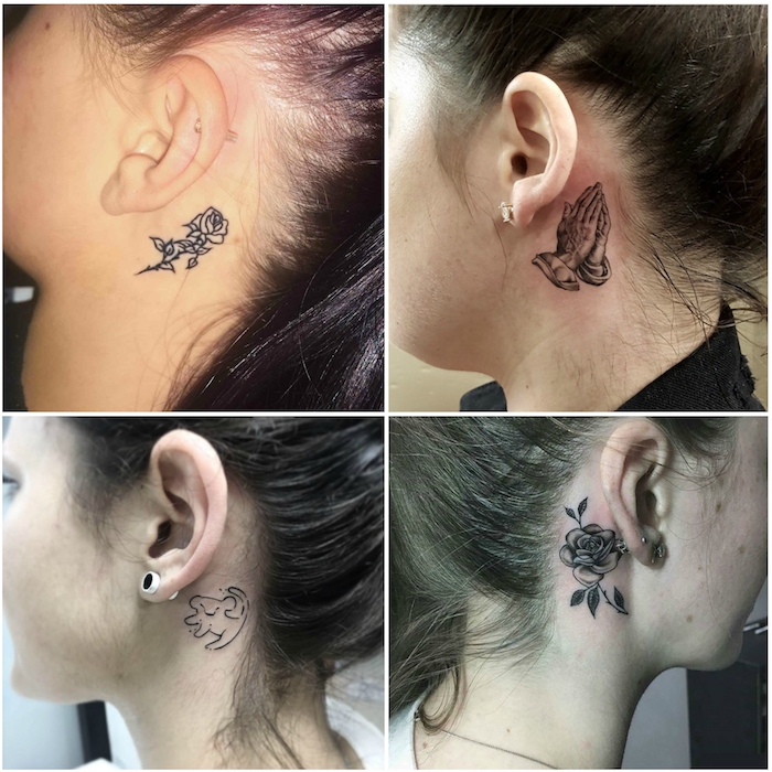 vier bilder mit vier jungen frauen mit einer kleinen schwarzen tätowierung mit einer schwarzen rose, einem löwe und einem schwarzen fliegenden vogel 