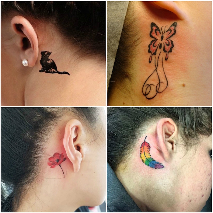 vier bilder mit jungen frauen mit tattoos hinerm ohr - tattoo mit einer kleinen schwarzen katze, roten blumen, regenbogenfarbenen federn und schmetterlingen 