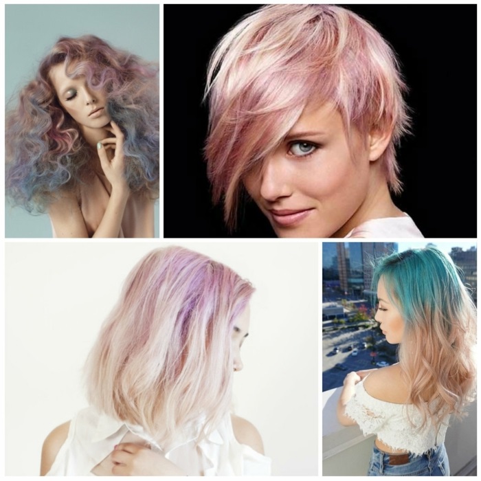 pastell rosa, lockige aschrosa haare mit blauen haarsitzen, blonde haare mit blauem ansatz