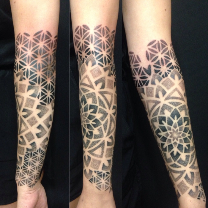 geometrische Armtattoo mit Mandala-Motiven, Tätowierung mit geometrischen Figuren - Rhomben, Triangeln und Linien