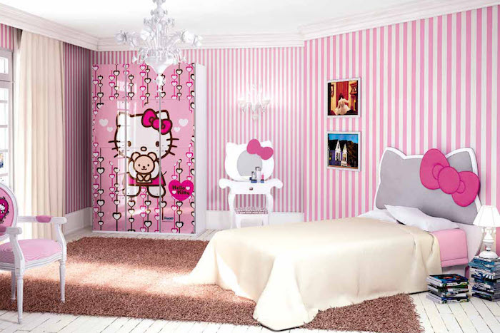 jugendzimmer weiß und rosa mit dem motiv hello kitty wanddeko wandtapeten rosa streifen schrank 