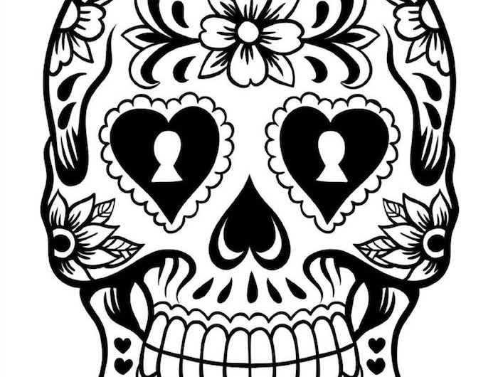 mexikanische totenmaske bedeutung totenkopf mit blumen und herzen bemalt tattoo vorlage
