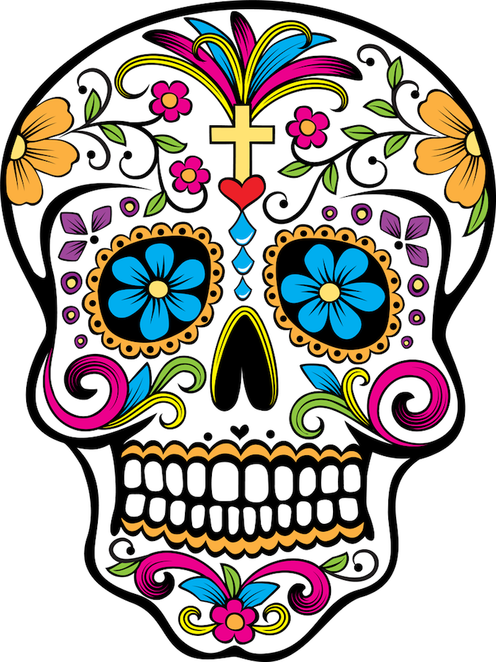 bunter mexikanischer totenkopf tattoo mit einem gelben kreuz und großen und kleinen violetten und gelben blumen, la catrina bedeutung