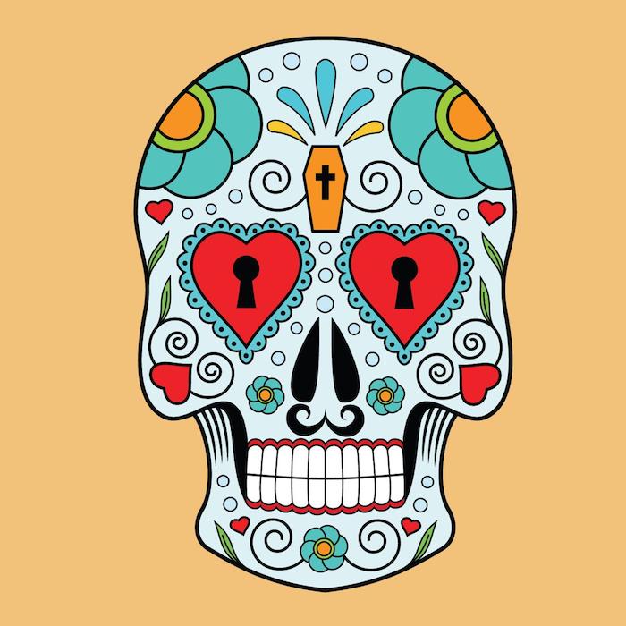 ein tattoo mit einem totenkopf mit großen roten herzen und grünen blumen -mexikanischer totenkopf tattoo, mexikanische totenmaske tattoo mann