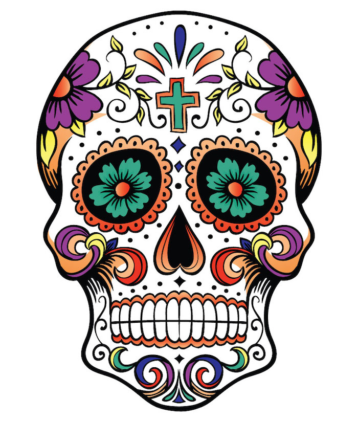 totenkopf mit einem kleinen grünen kreuz und großen und kleinen violetten und grünen blumen - mexikanischer totenkopf tattoo, mexanische totenfest