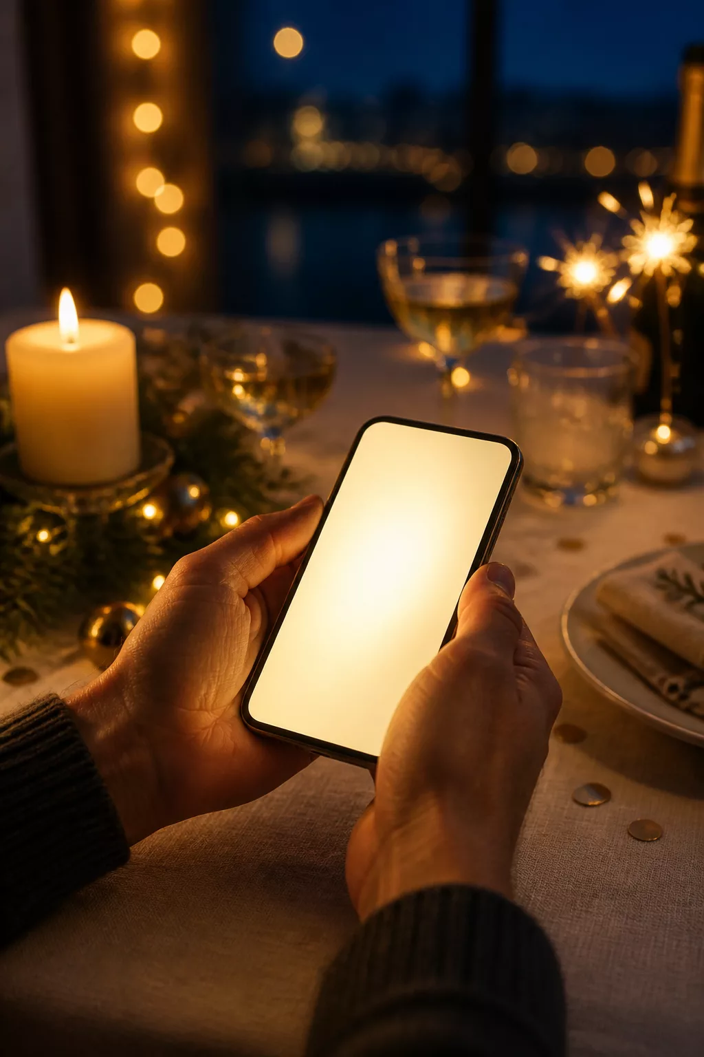 Hände schreiben Neujahrswünsche aufs Smartphone am Festtisch