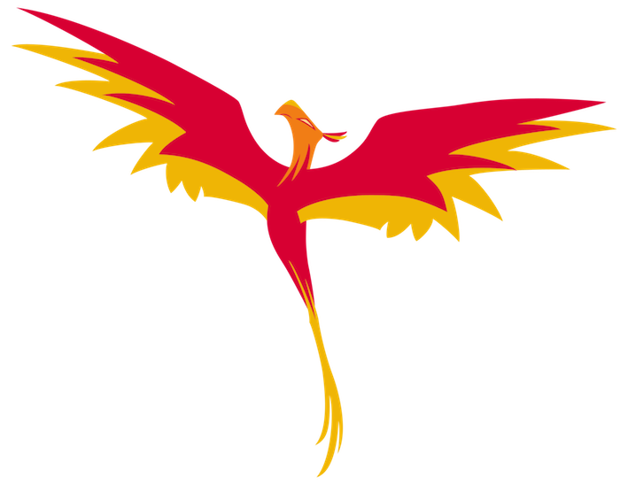 Feuervogel Tattoo, fliegender brennender phönix mit zwei roten langen flügeln mit roten und gelben federn - idee für einen phönix tattoo, 