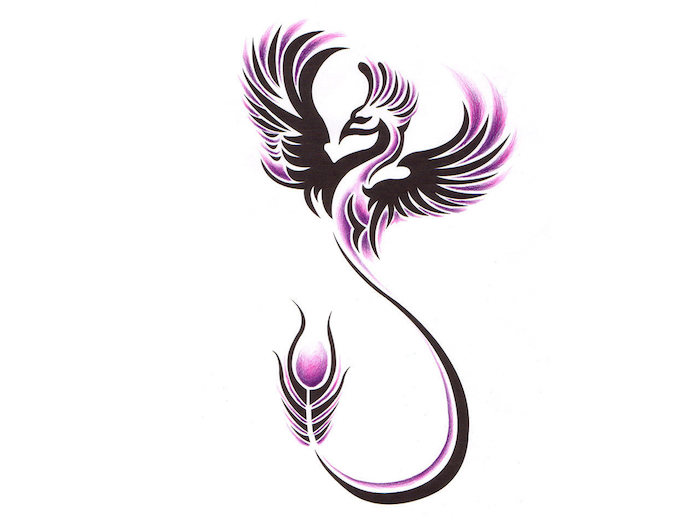 phönix tattoo bedeutung - ein schwarzer fliegender phönix mit schwarzen flügeln und schwarzen und violetten federn