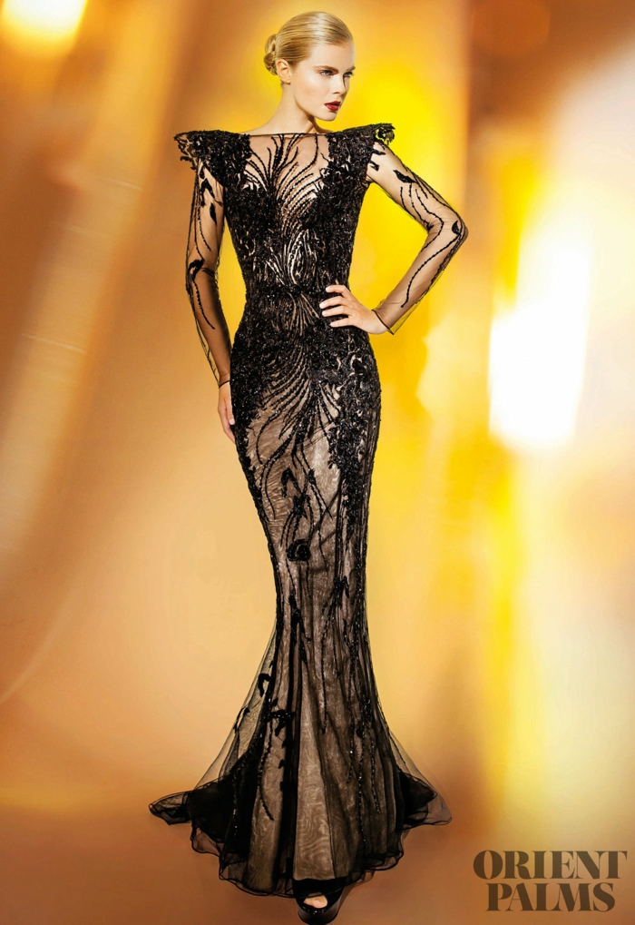 Schwarzes Spitzenkleid mit langen Ärmeln, Meerjungfrau-Kleid mit Perlen verziert, elegantes Outfit für besondere Fälle