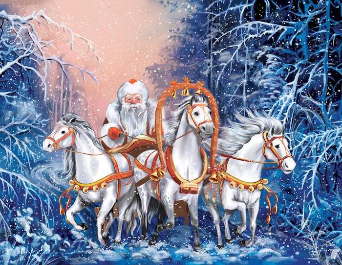 drei weiße pferde - ein wald mit großen weißen bäumen und schneeflocken
