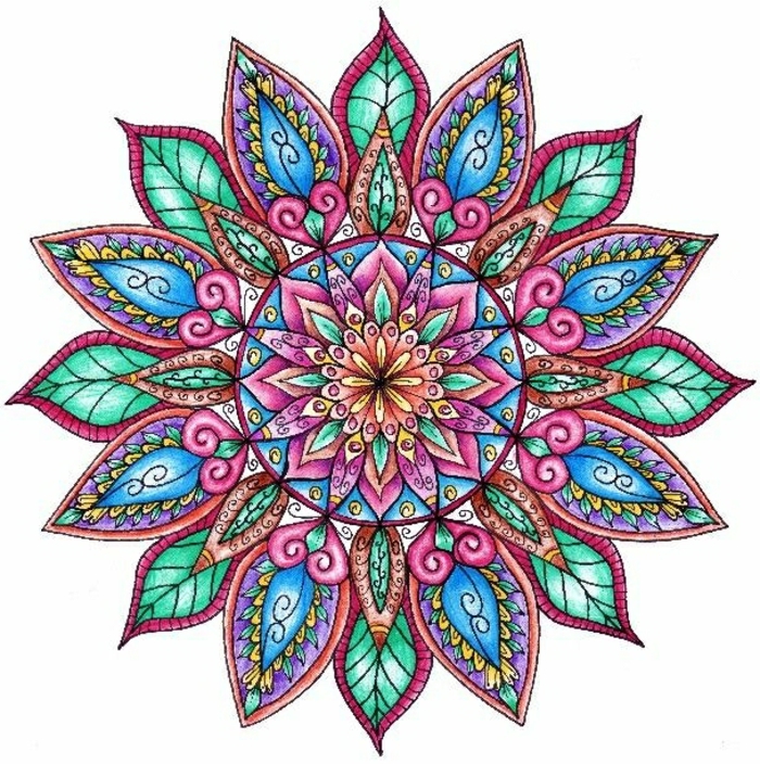 bunter Mandala-Muster mit vielen Blättern und Spiralen, mit einem großen Kreis und vielen kleinen Herzenmotiven