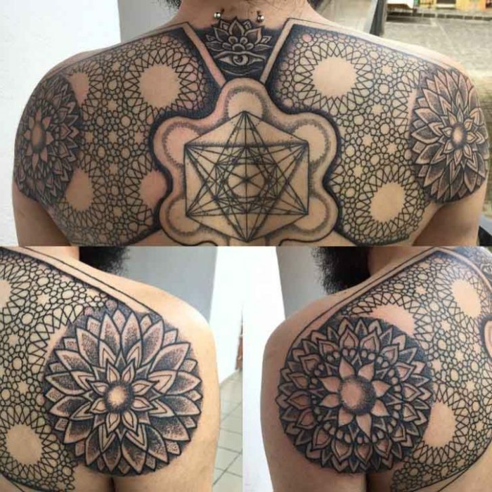 Fotocollage aus drei Bildern von einer Rücken-Tätowierung mit vielen geometrischen Symbolen, Linien und Kreisen, einem offenen Auge und einem Lotus in der Mitte unter dem Hals