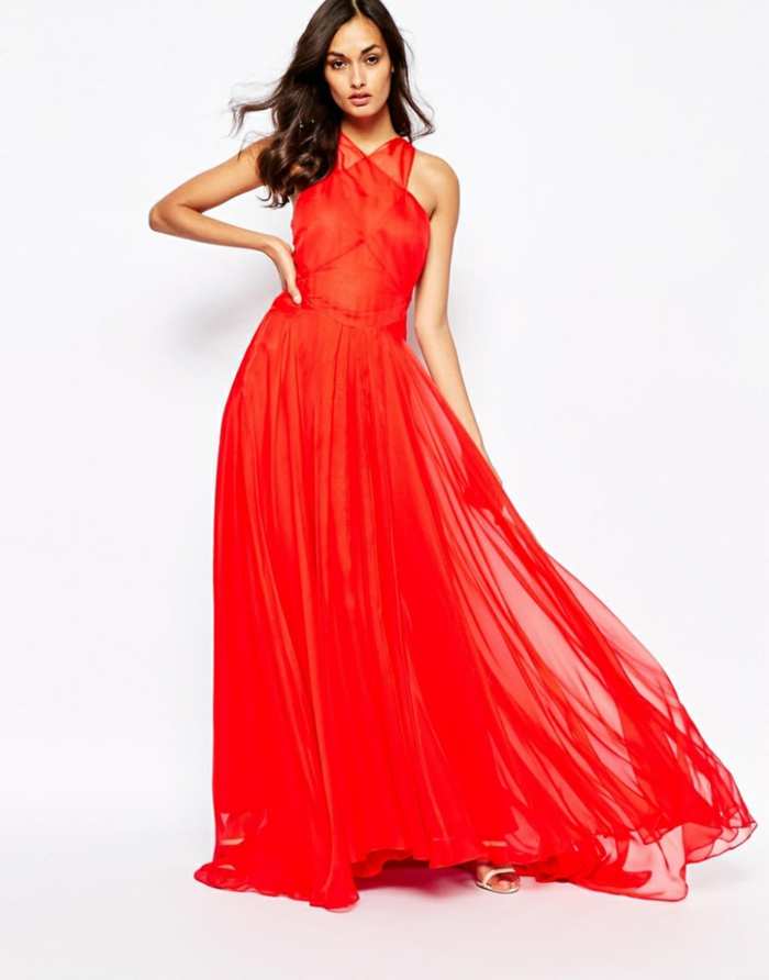 Rotes bodenlanges Abendkleid, locker fallend, mit gekreuzten Trägern, elegantes A-Linien Kleid