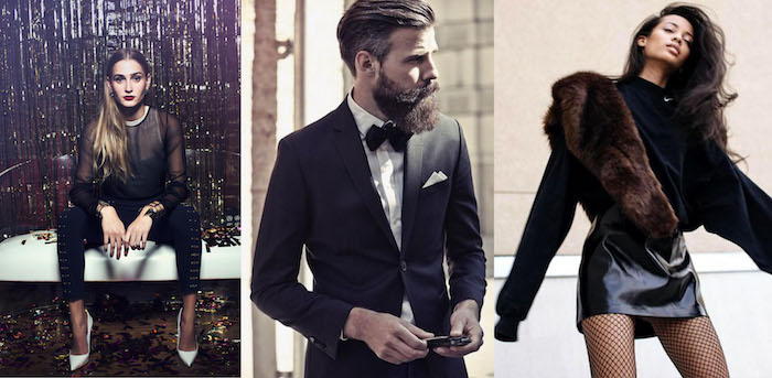 silvester outfit damen und herren gentleman mit bart und anzug mit krawatte zwei ladies schwarz drama look fancy chic