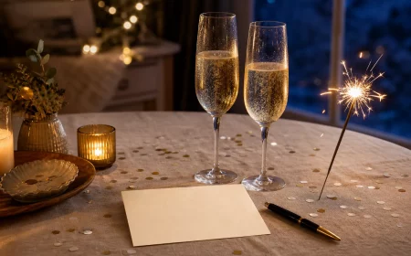 Silvester Sprüche Tischdeko mit Sektgläsern und Wunderkerze zu Mitternacht