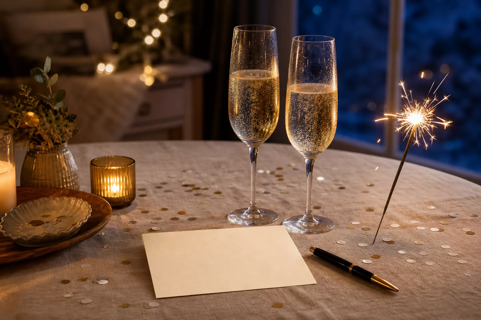 Silvester Sprüche Tischdeko mit Sektgläsern und Wunderkerze zu Mitternacht