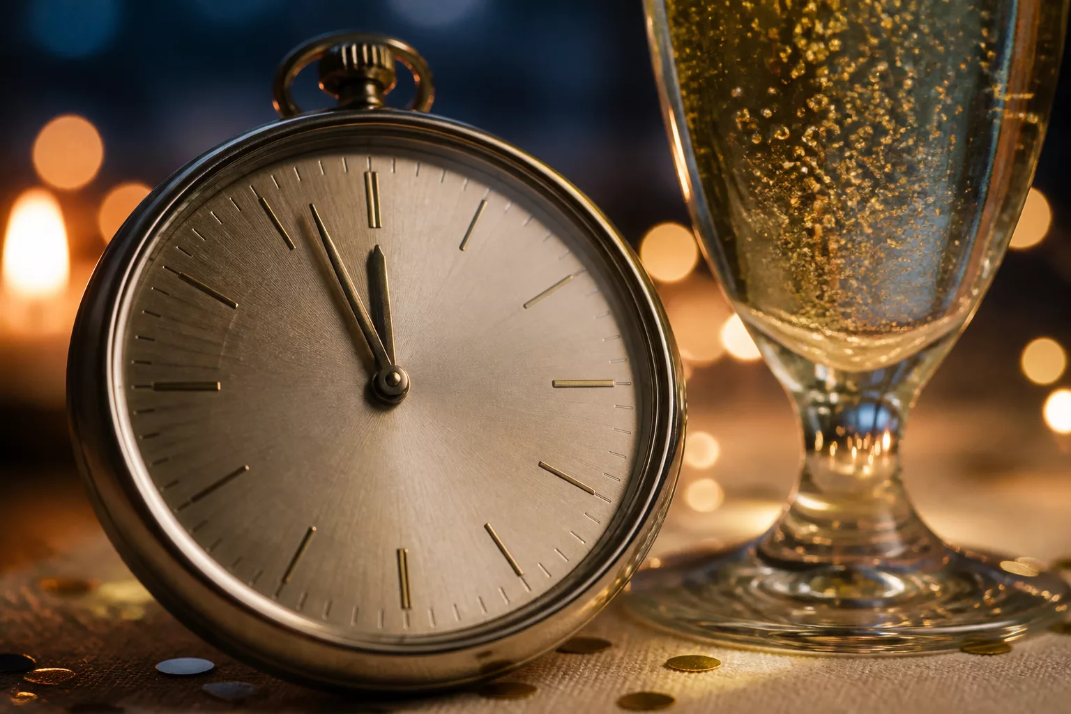 Uhr kurz vor Mitternacht neben Sektglas zu Silvester