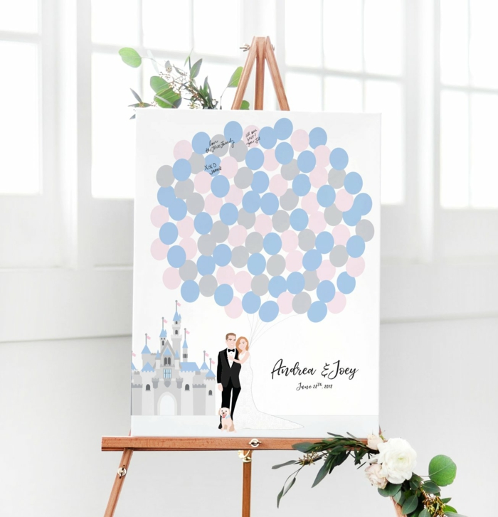 Gästebuch Hochzeit Idee, Leinwand zum Beschriften, romantisches Bild, Ehepaar mit vielen Luftballons