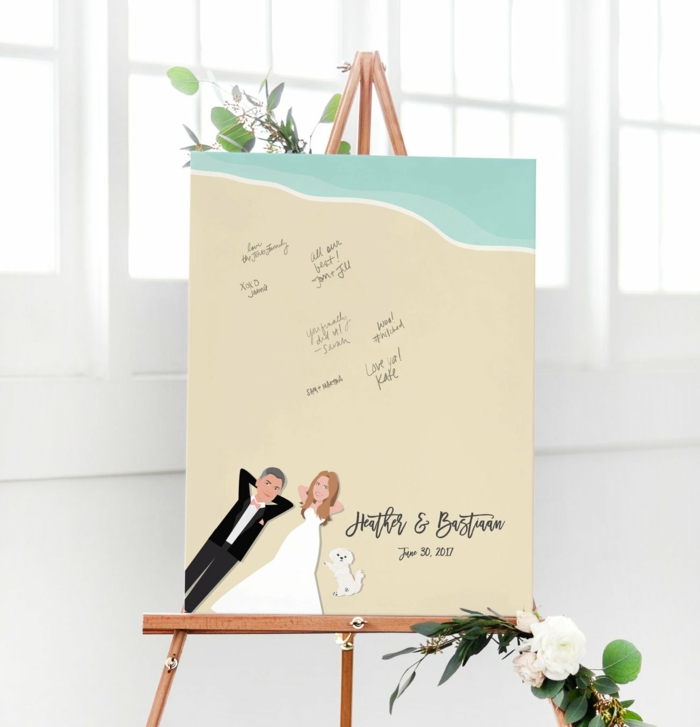 Coole Alternative zum klassischen Hochzeitsgästebuch, Leinwand zum Beschriften, Ehepaar und Hund am Strand