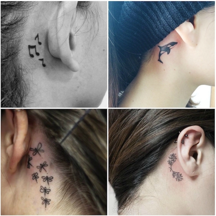 tattoo hinterm ohr motive - eine tätowierung mit einem großen schwarzen wal - kleiner schwarzer tattoo mit noten - ein tattoo mit blumen