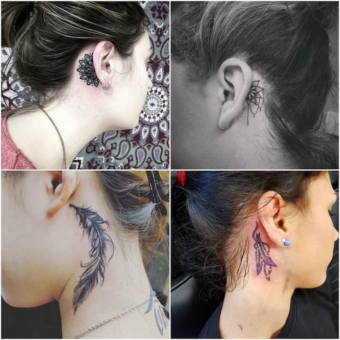 vier bilder mit vier jungen frauen mit tattoos mit schwarzen federn, einem mandala tattoo und schwarzen blumen