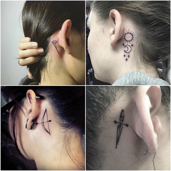 tattoo hinterm ohr vorlagen - vier junge frauen mit tattoos mit einem schwarzen schwert, einer violetten rose, einer weißen sonne und einem halbmond