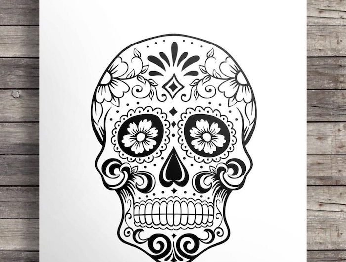 tattoo totenkopf mit blumen und geometrischen figuren mexikanisch la catrina