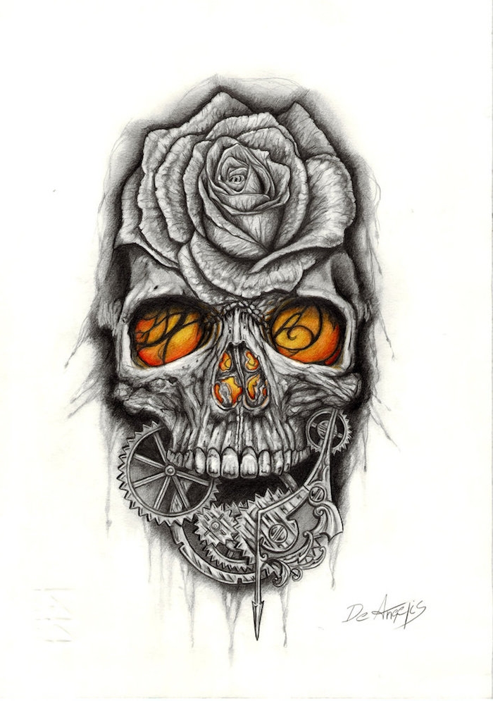 totenkopf mit rosen tattoo - ein grauer totenkopf mit orangen augen und einer grauen großen rose - eine skiyye mit einem tattoo