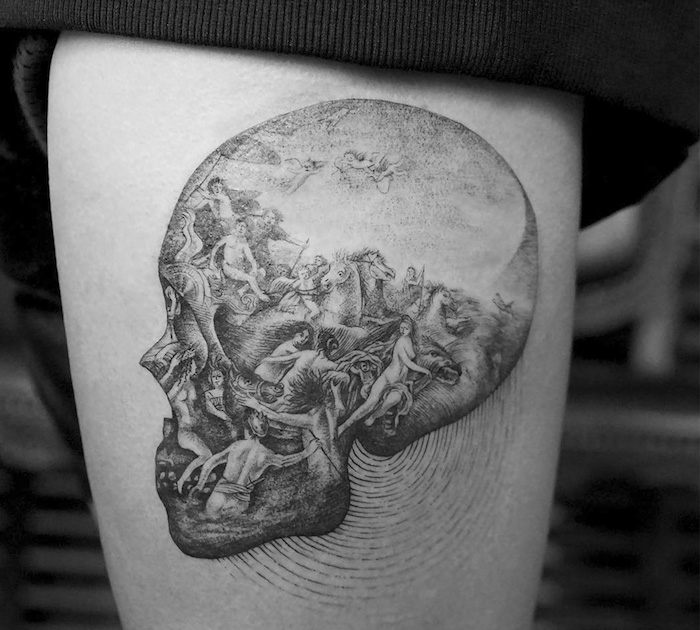 weiße pferde und vile menschen - ein tattoo mit einem großen totenkopf - tattoo totenkopf
