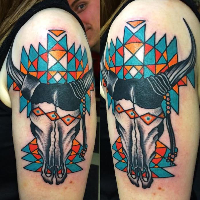 eine hand mit einem tattoo mit einem totenkopf eines tieres mit schwarzen hörnern