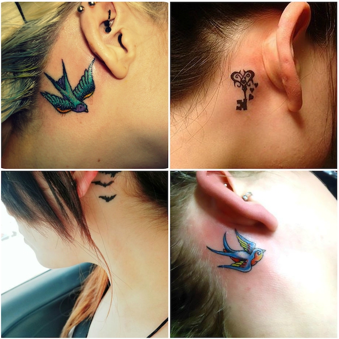 hinterm ohr tattoo - vier junge frauen mit tattoos mit kleinen fliegenden schwarzen fledermäusen, zwei fliegenden blauen vögeln, einem schwarzen schlüssel 