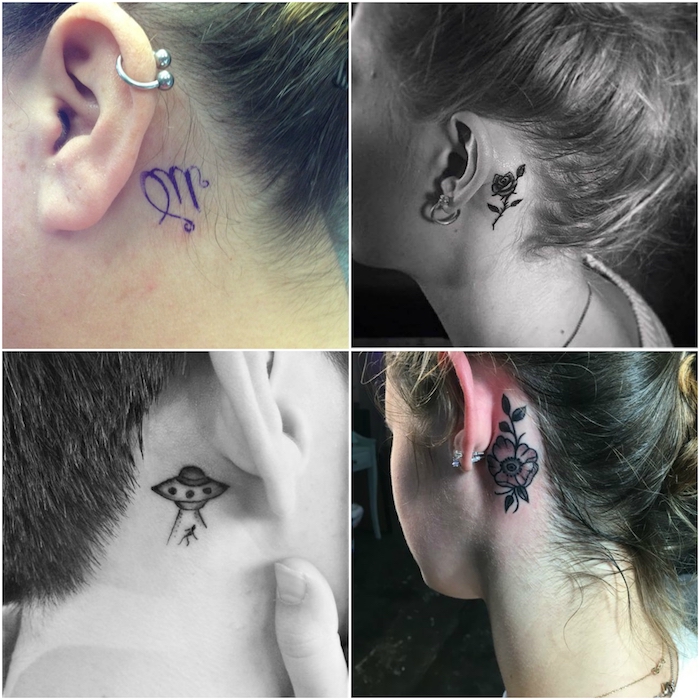 bilder mit vier jungen frauen mit winzigen tattoos hinter ihren ohren - tattoos mit einem schwarzen ufo, einer schwarzen rose und schwarzen blumen