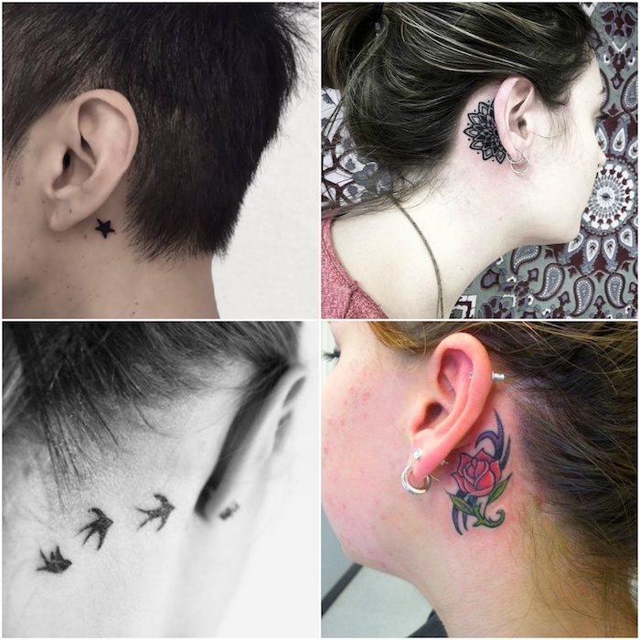 hinterm ohr tattoo - vier junge frauen mit kleinen tattoos hinter ihren ohren - tattoos mit einer roten rose, einem kleinen schwarzen stern, mandala tattoo, drei schwarzen vögeln