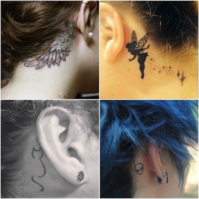  vier bilder mit jungen frauen mit tattoos mit flügeln mit federn, einer schwarzen katze, einem Außerirdischer