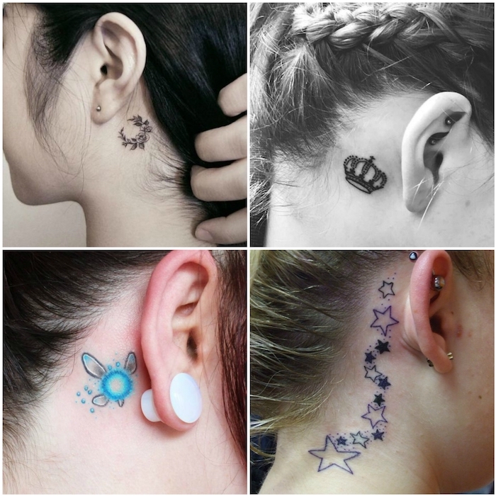 hinterm ohr tattoo - vier junge frauen mit kleinen tattoos mit sternen, einer krone und schwarzen blumen