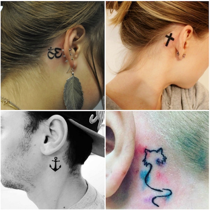 tattoo hinterm ohr motive - vier bilder mit drei jungen frauen mit ohrringen, einem kleinen schwarzen kreuz, tattoo mit einer katze - mann mit tattoo mit einem schwarzen kleinen anker