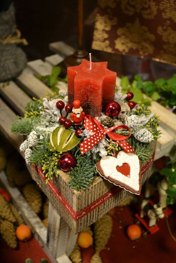 ein Korb voller Weihnachtssachen - Plätzchen, Kerzen und kleine Kugeln - Adventsgesteck Ideen