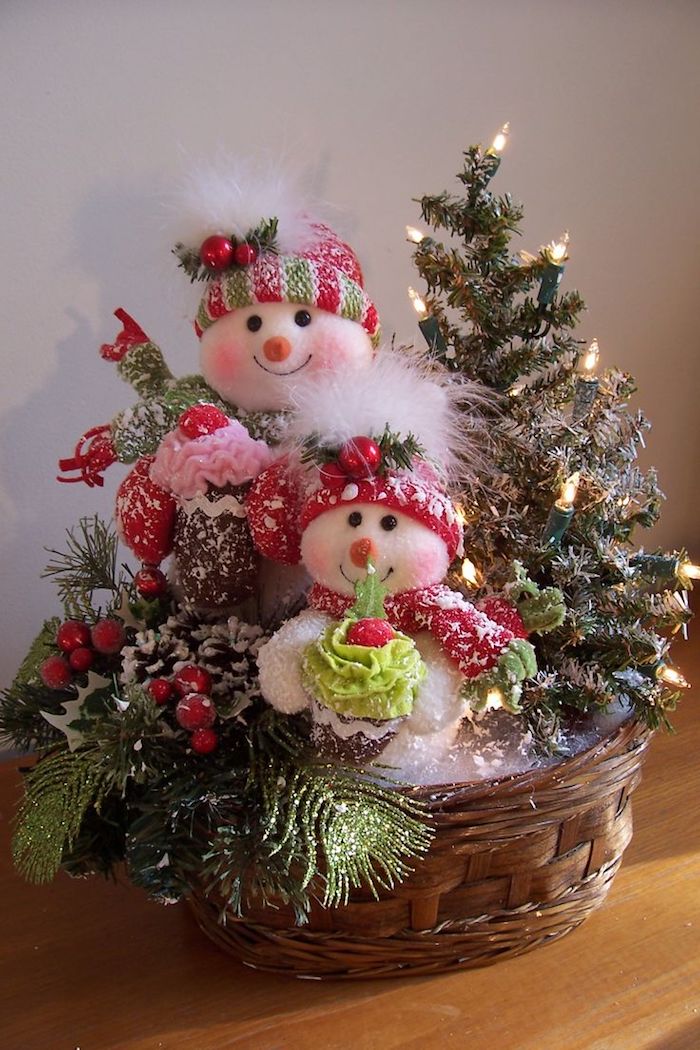 Gestecke Weihnachten - zwei Schneemänner und ein kleiner Tannenbaum mit Lichterkette