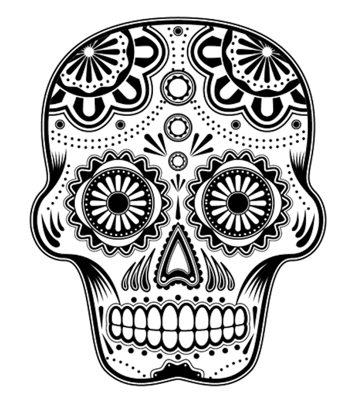 ein großer weißer totenkopf mit weißen zähnen und schwarzen augen und großen und kleinen blumen - mexikanischer totenkopf tattoo