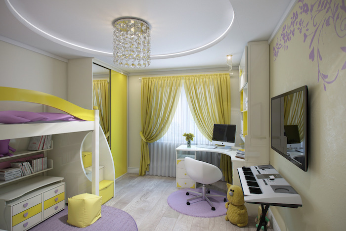 jugendzimmer möbel in lila und hellgrün gelb vorhänge lampe hängend vom dach moderne piano installation hochbett über dem schreibtisch lila teppich